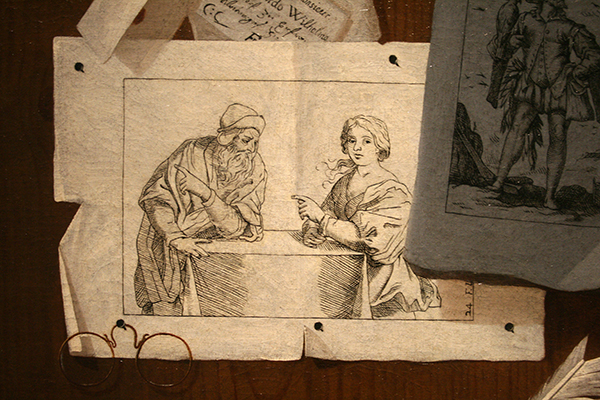 Andrea Domenico Remps - Trompe-l'oeil met Prenten, Brieven en een Bril - Olieverf op doek, tweede helft 17e eeuw (detail)