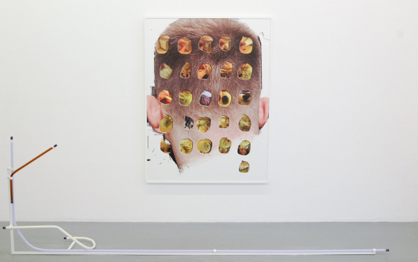 Anne de Vries - At Holiday Inn - 318x100x31cm - Purex Laundry detergent, Comfort Lavender laundry softner, Cola Light, acrylaat buizen, rubberen kurken, roestvrijstaal en verf & Interface, Musashi - 164x124cm Digitale prints met digitale uitsnedes