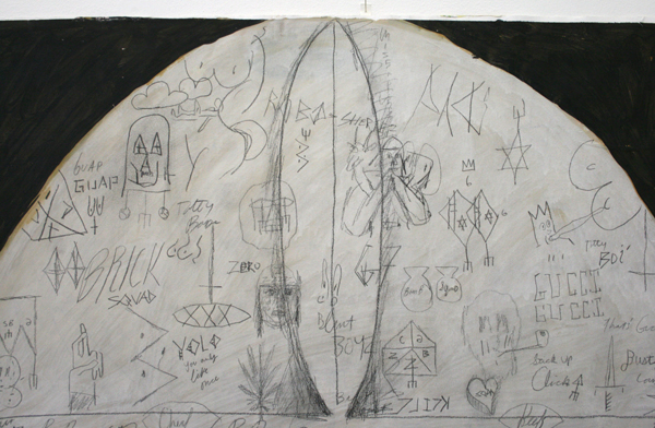 Charlie Roberts - 2 Two Chainz aka Tutty Boi of the Duffel Bag Boyz Formely Known as The Two Gun Gag - Drieluik 110x233cm Flashe verf en potlood op papier (detail) Charlie Roberts - 2 Two Chainz aka Tutty Boi of the Duffel Bag Boyz Formely Known as The Two Gun Gag - Drieluik 110x233cm Flashe verf en potlood op papier (detail)