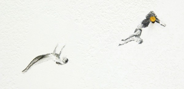 Claire Harvey - The Catch - Installatie met olieverf op muur met schroefjes en touw (detail)