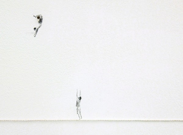 Claire Harvey - The Catch - Installatie met olieverf op muur met schroefjes en touw (detail)