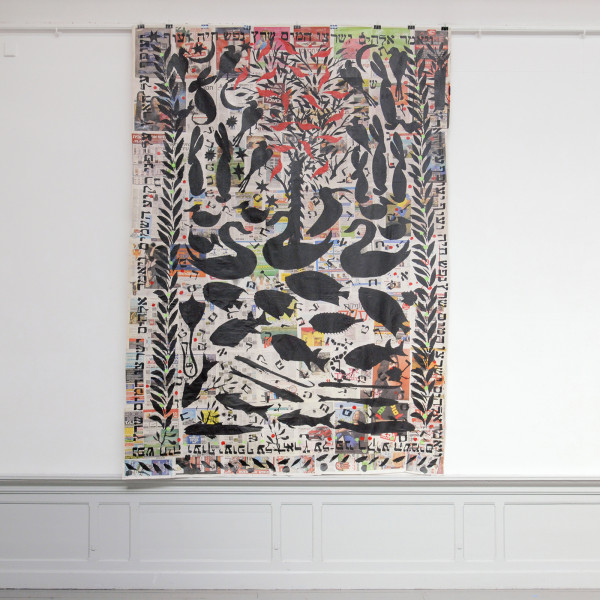 Eli Content - Schepping van de Vogels en Vissen - Acrylverf op krantenpapier