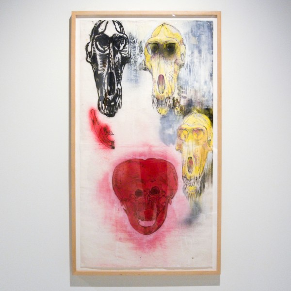 Erik Andriesse - Gereconstrueerde mensenschedel en drie bavianenschedels - Linoleumsnede en gouache op papier, 1987-1988