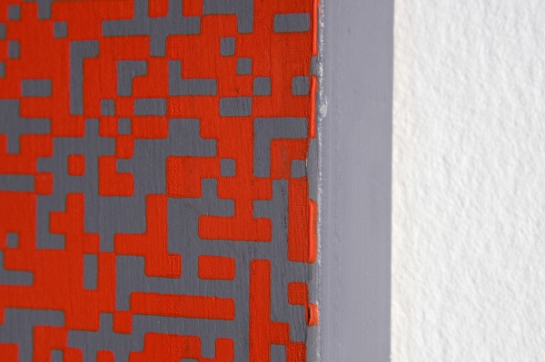 Francois Morellet - Repartition aleatoire de 40,000 carres suivant les chiffres pairs et impairs d'un annuaire de telephone, 50 orange, 50 gris - Zeefdruk op hout, 1961 (detail)
