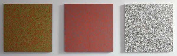 Francois Morellet - Repartition aleatoire de 40,000 carres suivant les chiffres pairs et impairs d'un annuaire de telephone, 50 rouge clair, 50 vert clair & 50 orange, 50 gris & 50 marron, 50 blanc - Zeefdruk op hout, 1961