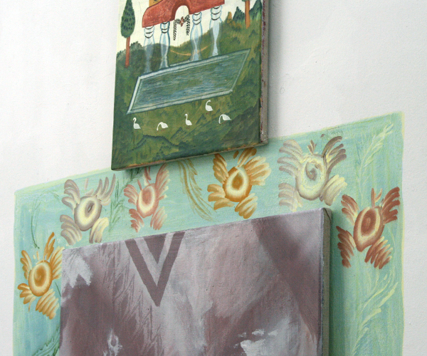 Gijs Frieling - Kleine Ganzen Tempel & Stenen Kachel - 40x50cm & 70x120cm Caseine en pigmenten op linnen & op muur (detail) Gijs Frieling - Kleine Ganzen Tempel & Stenen Kachel - 40x50cm & 70x120cm Caseine en pigmenten op linnen & op muur (detail)