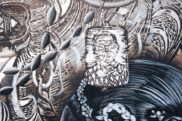 Hadassah Emmerich - Abdul Aziz (painter of the Mona Lisa of Bali) - Acrylverf, pastel, inkt, houtskool, spuitverf en linosnede op papier (detail)