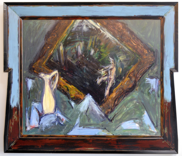 Hans van Hoek - Stilleven met gekanteld schilderij en gele vaas - 191x221cm (incl lijst) Olieverf op doek