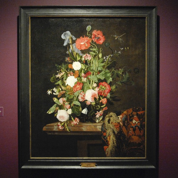 Henri de Fromantiou - Bloemstilleven met oosters tapijt - Olieverf op doek