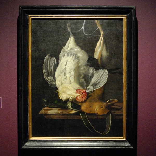 Henri de Fromantiou - Stilleven met witte haan en haas - Olieverf op doek