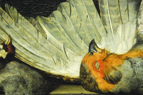 Henri de Fromantiou - Vanitasstilleven met dode vogels in een nis - Olieverf op doek, 1666 (detail)