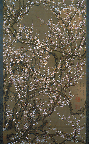 Ito Jakuchu - White plum blossoms and moon - 140x80cm Ito Jakuchu - White plum blossoms and moon - 140x80cm Inkt op zijde