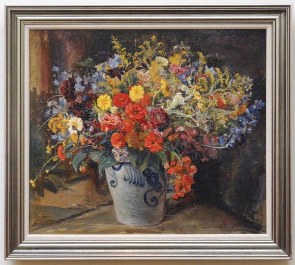 Jan van Anrooy - Bloemstilleven op Keulse Pot (Blauwe kan met suiker) - 60x70cm Olieevrf op doek, 1936, verworven in 1942