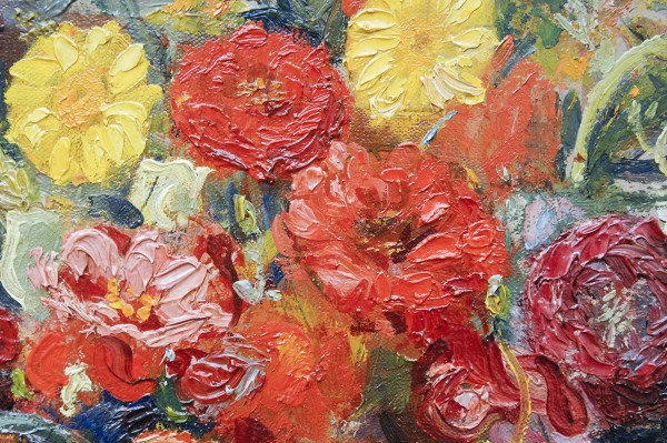 Jan van Anrooy - Bloemstilleven op Keulse Pot (Blauwe kan met suiker) - 60x70cm Olieevrf op doek, 1936, verworven in 1942 (detail)