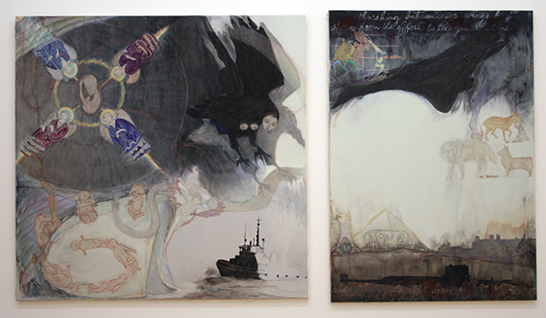 Jo Baer - It's Time (Eugenio Montale) (rechterdeel, When Every Lamplight Spent, linkerdeel,- The Sardana Becomes Inernal - Olieverf en houtskool op doek