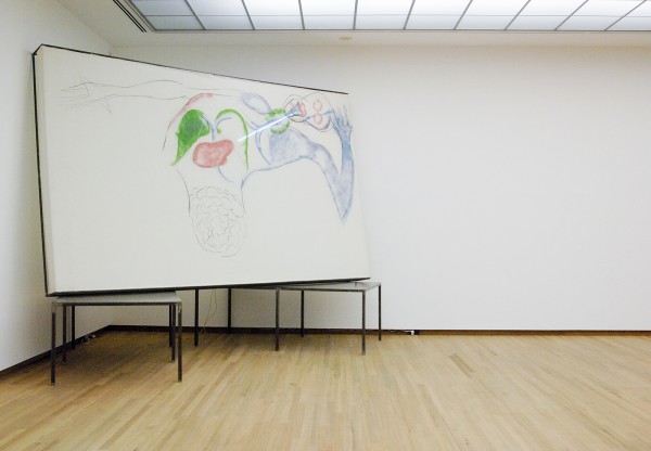 Mario Merz - Mezione di Anatomia - Krijt op doek, neonbuis, metalen tafels
