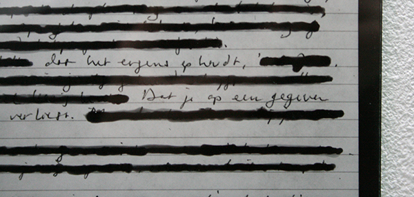Nickel van Duijvenboden - June 9, 2011, page 2, Is this phase a phase, or is this truly who we are and will we forever keep our friends and our momentum & September 8, 2012, page 2 - That beging without a context was unbearable, that you reach a dead end eventually, That at some point you lose controle -21x26cm Gelatine zilverprint met retoucheerinkt en glas (detail)