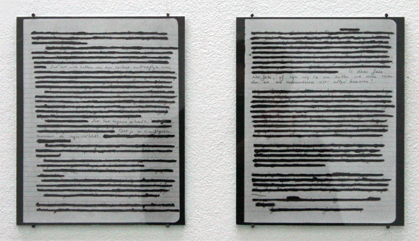 Nickel van Duijvenboden - June 9, 2011, page 2, Is this phase a phase, or is this truly who we are and will we forever keep our friends and our momentum & September 8, 2012, page 2 - That beging without a context was unbearable, that you reach a dead end eventually, That at some point you lose controle -21x26cm Gelatine zilverprint met retoucheerinkt en glas
