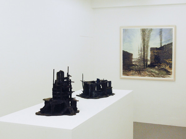 Rob Voerman - Incinerator #1 - 48x46x48cm Brons en glas & Settlement #1 - 37x29x47cm Brons en karton & Structure - 103x108cm Aquarel, potlood en roet op papier