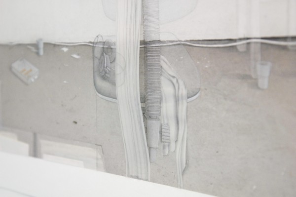 Rosa Everts - Zonder Titel (Atelier II)  - 70x100cm Potlood, acrylverf en papier op fotoprint op papier (detail)