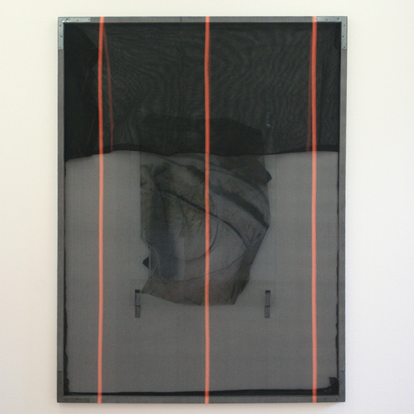 Valerie Snobeck - Formed Cords - 244x183cm Afdeknetten, deels verwijderde spiegel, losgepulte print op plastic, deurhangers, hout, gesso en metaal