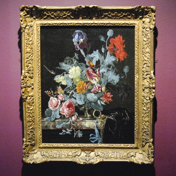 Willem van Aelst (kopie naar) - Bloemstilleven met horloge - Olieverf op doek